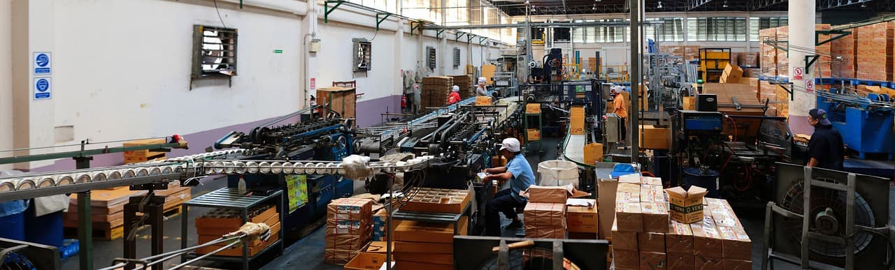 Real factory production line with industrial worker and machinery